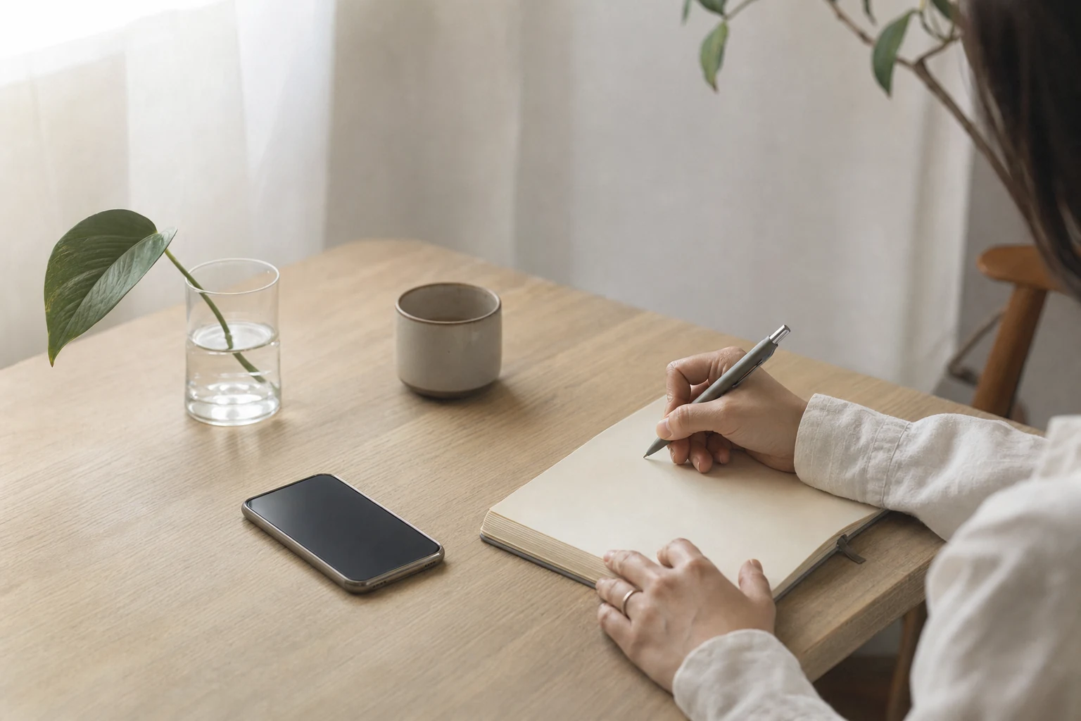 朝の自然光が入る木のテーブルで、ノートに言葉を書き留める手元