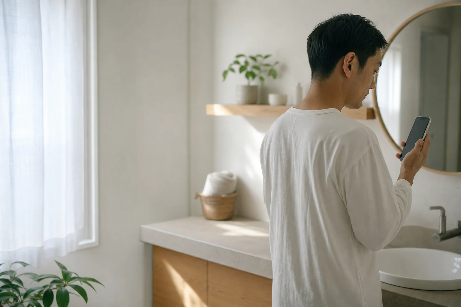 自然光と植物のある洗面所でROOTを確認する日常