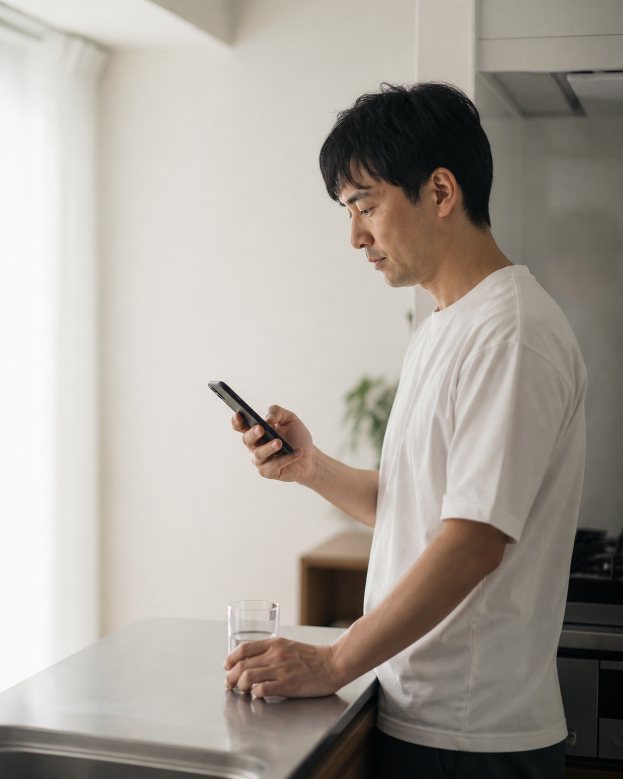 キッチンでスマートフォンを見る男性